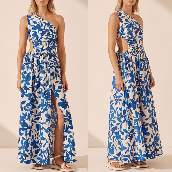 Shona Joy- White and Blue Asymmetrical Cut Out Maxi Dress One Shoulder Size S - Picture 1 of 15